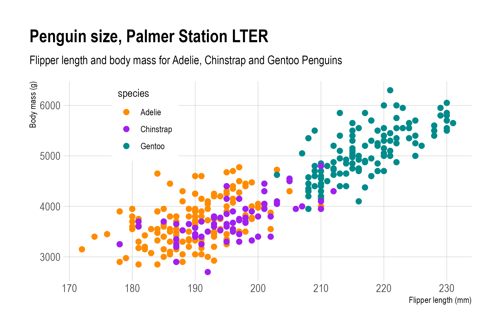 A scatterplot of flipper lengths (x axis) and body mass (y axis) of penguins, with overlapping dots without outline nor opacity. Source: adapted from [Allison Horst](https://allisonhorst.github.io/palmerpenguins/articles/examples.html)