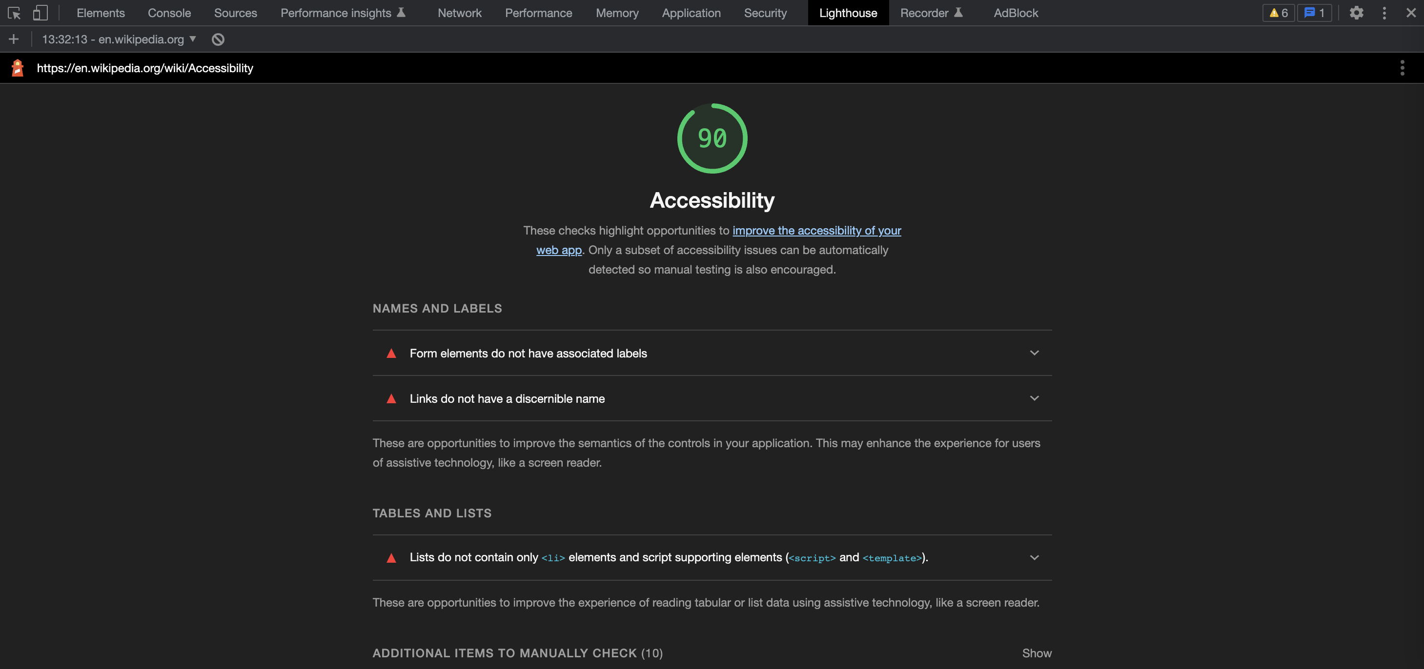 The Chrome developer console, showing a 90% score after an accessibility audit of a webpage by Lighthouse