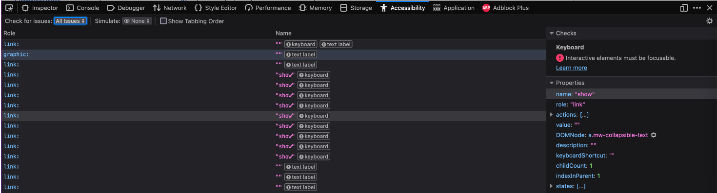 The Firefox Accessility Inspector showing a list of identified issues, with the selected issue being 'Interactive elements should be focussable'