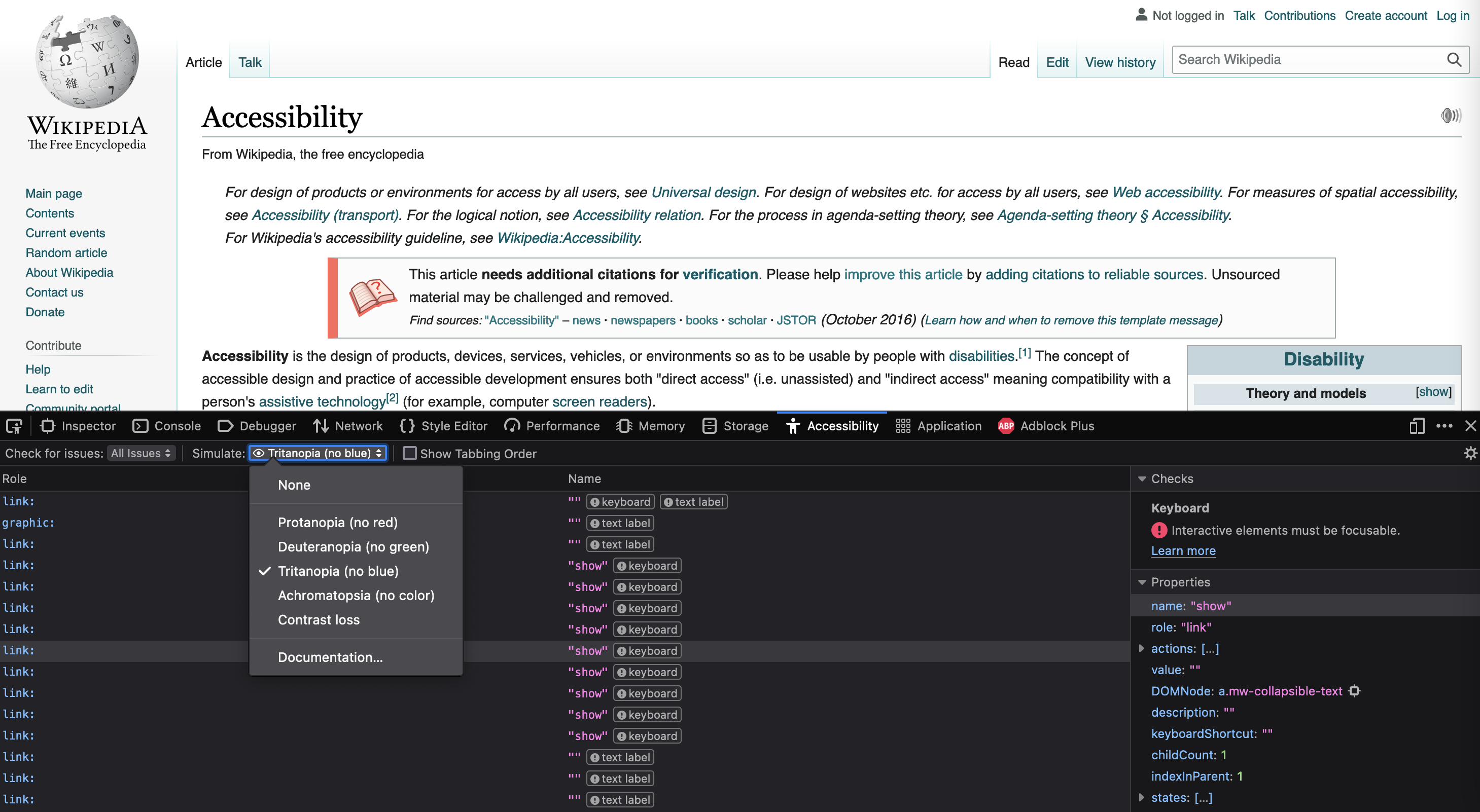 The Firefox Accessibility Inspector showing the list of available colour blindness simulations in a dropdown