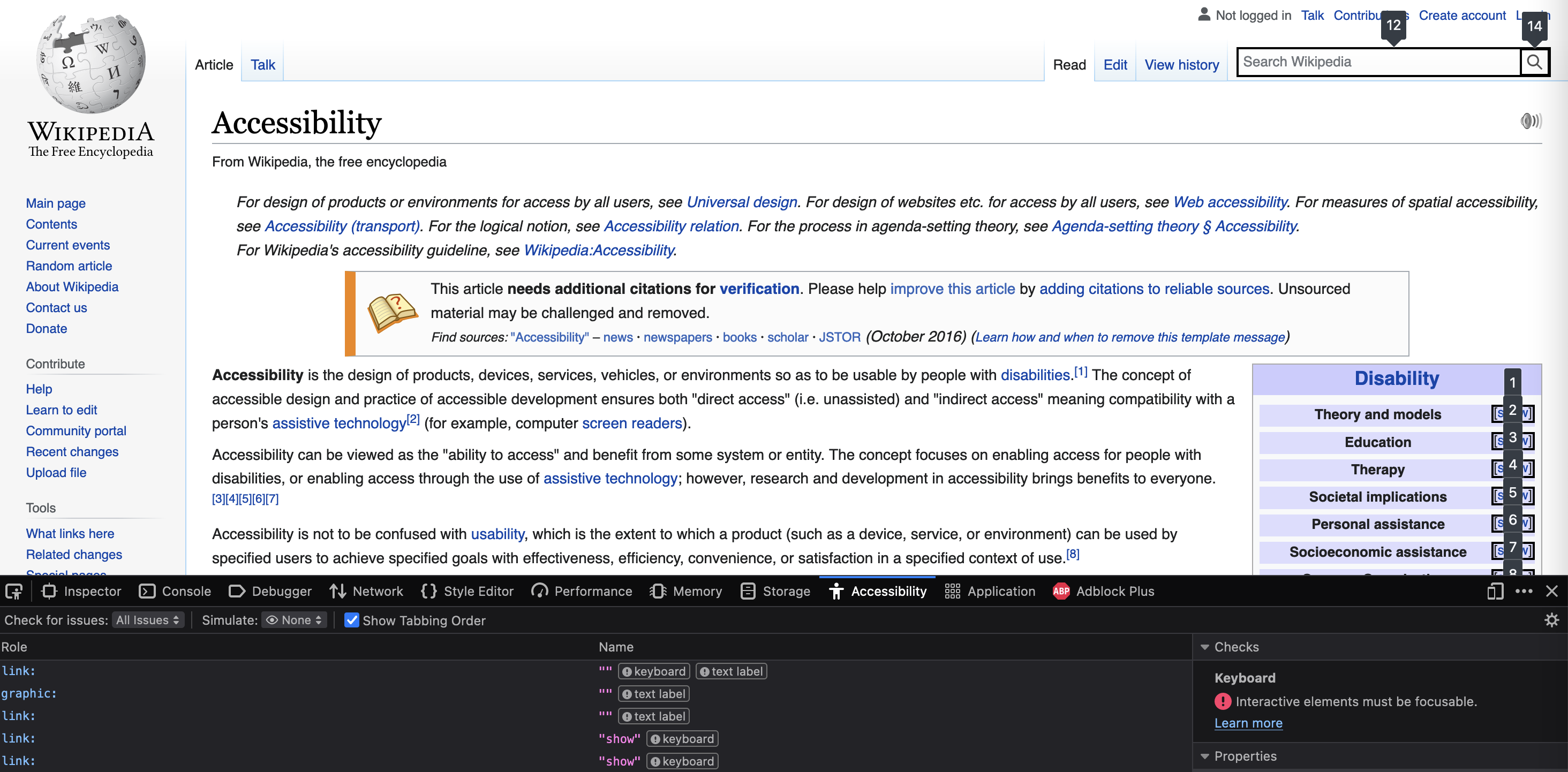 The Wikipedia page for Accessibility annotated with number labels indicating the focus order of the page