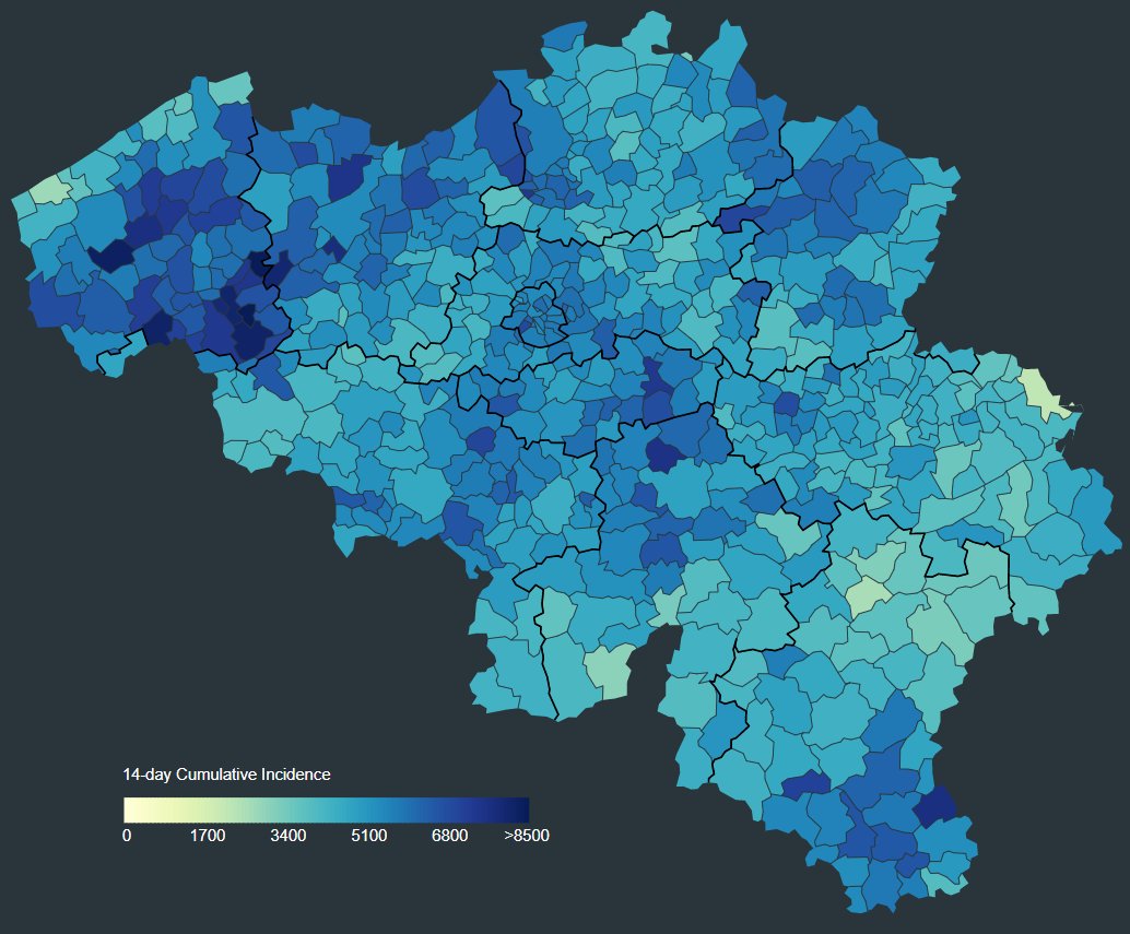 A choropleth map with showing the 14-day cumulative incidence of Covid-19 in Belgian municipalities with a continuous colour scale