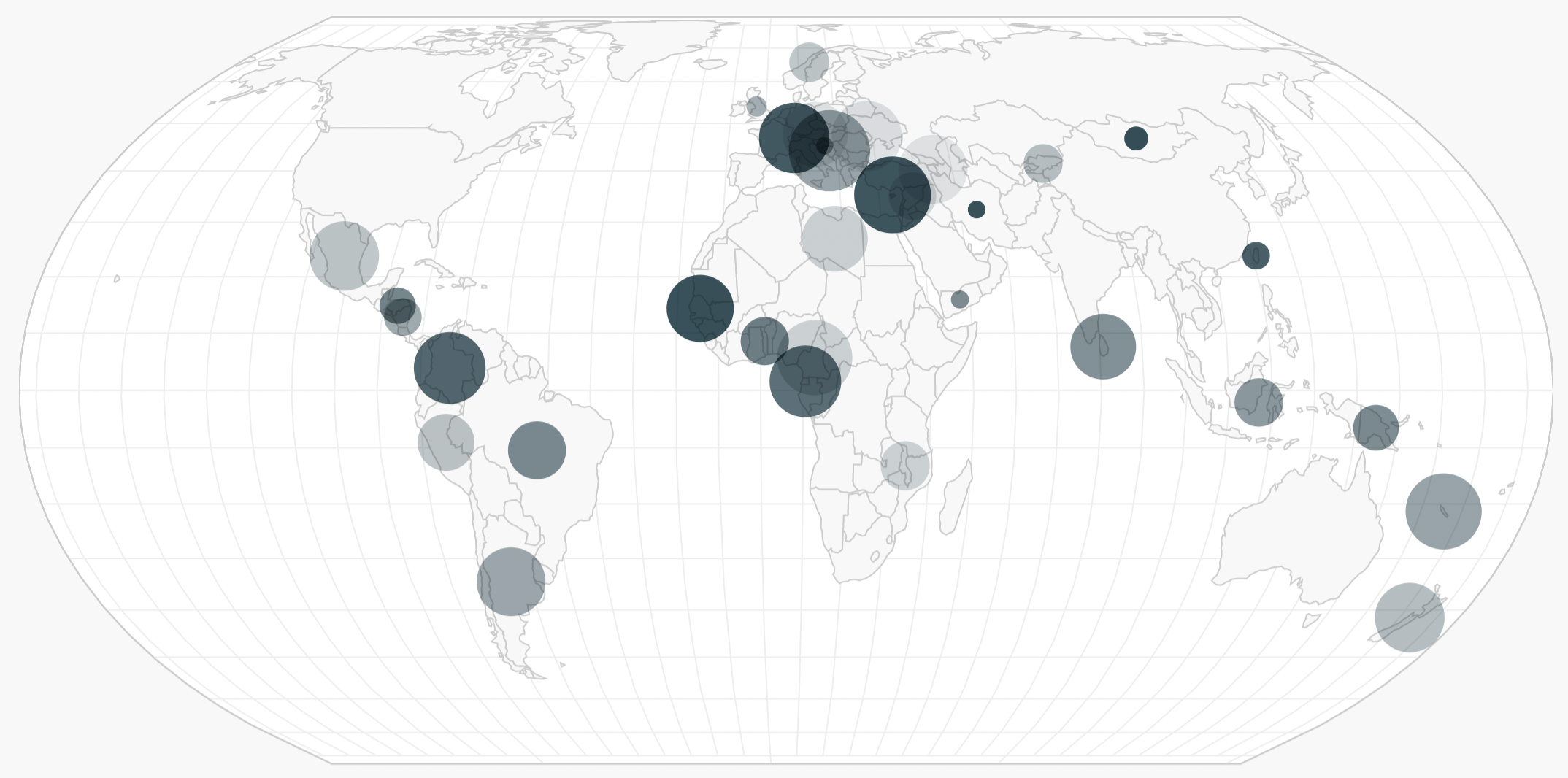 A world map showing circles in shades of blue