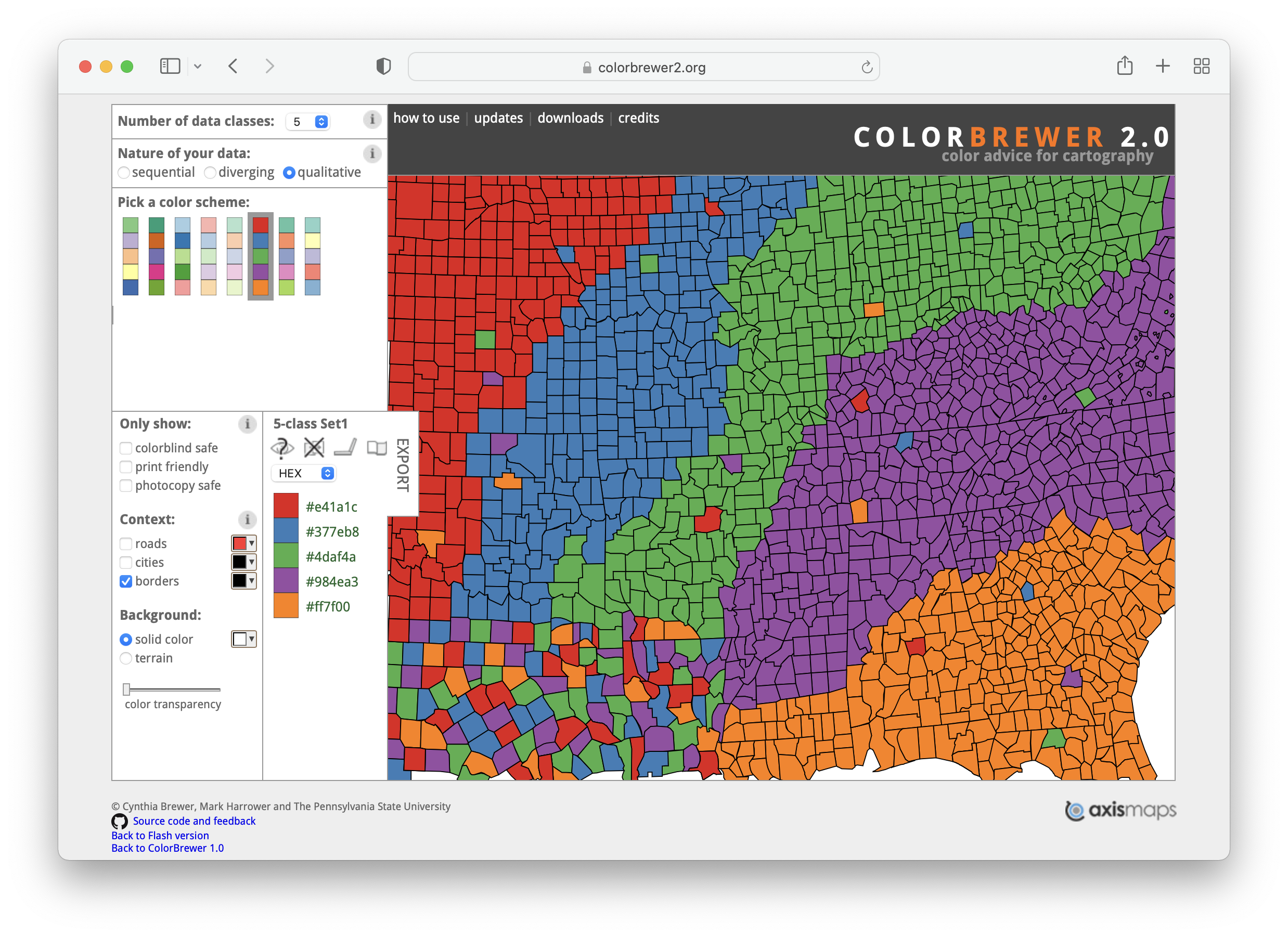 A web browser displaying the Color Brewer interface