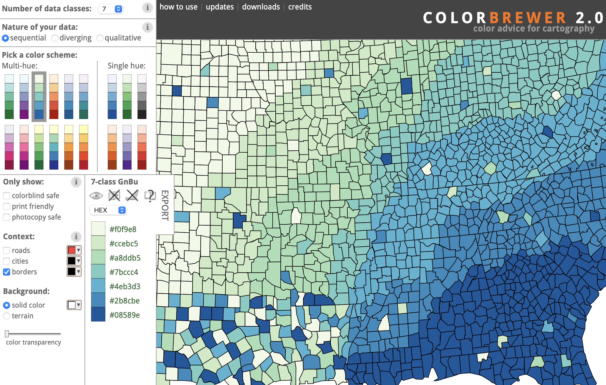 Screenshot of the Color Brewer interface, showing a 7 classes sequential colour scheme