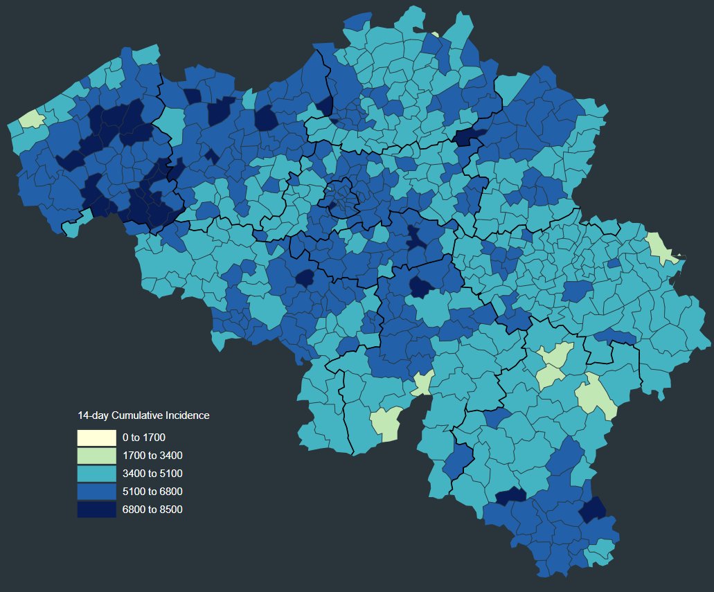 A choropleth map of Belgian municipalities, showing 14-day cumulative incidence of Covid-19 with a discrete colour scale