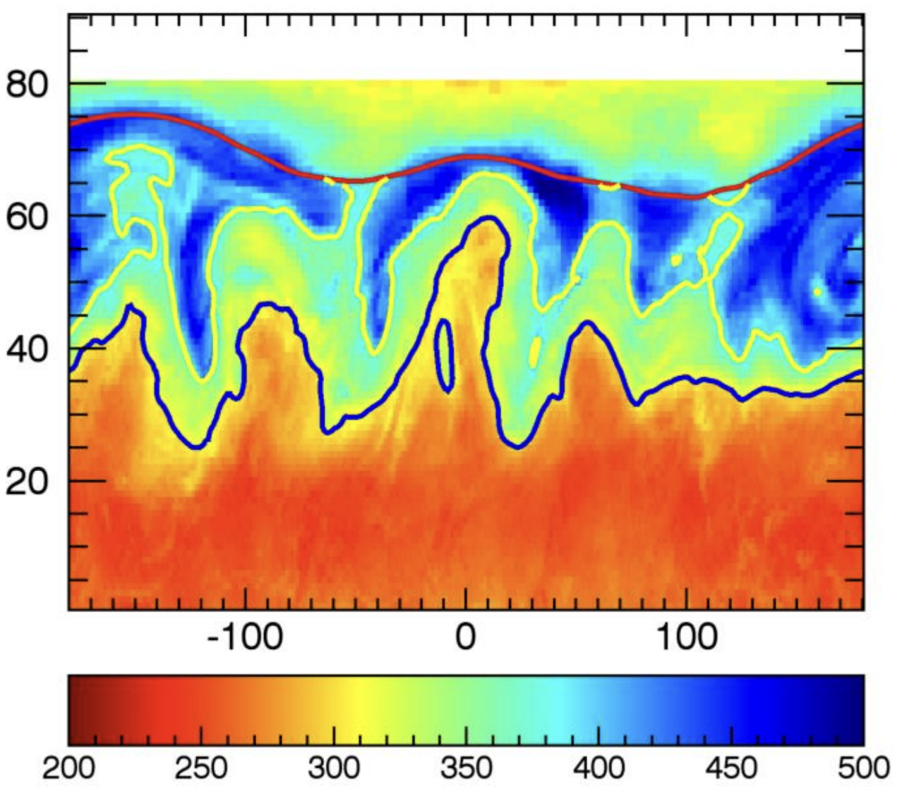 The same map as above with a red, a yellow and a blue line showing detected fronts in the data