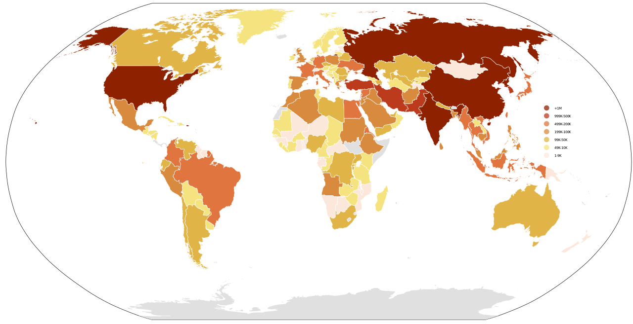 A choropleth map of the number of soldiers in each country's army