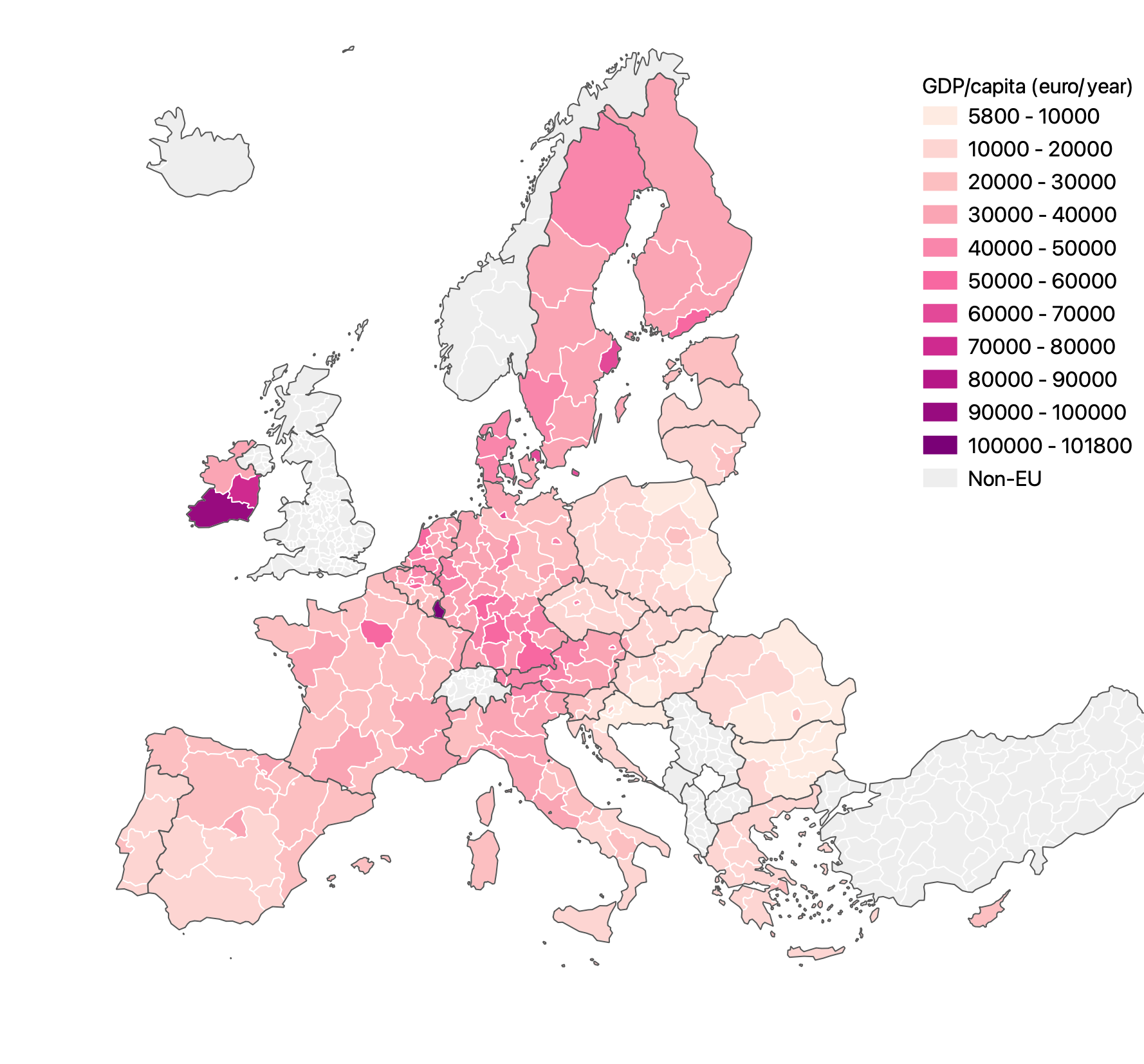 A choropleth map showing the same data as in the map above, but with different class breaks. Two regions, Luxembourg and a region in the south of Ireland, stand out as outliers