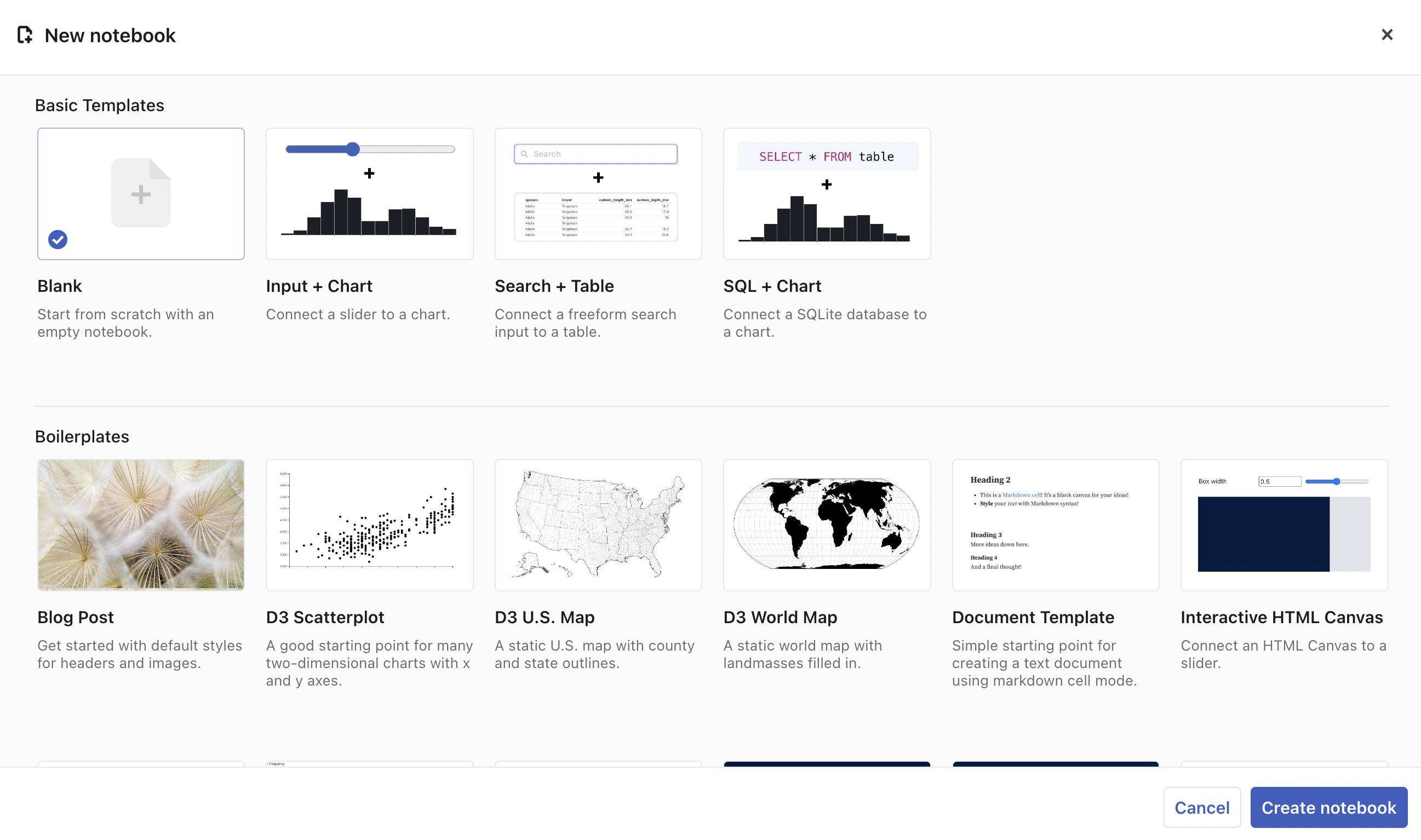 Screenshot of the Observable notebook templates