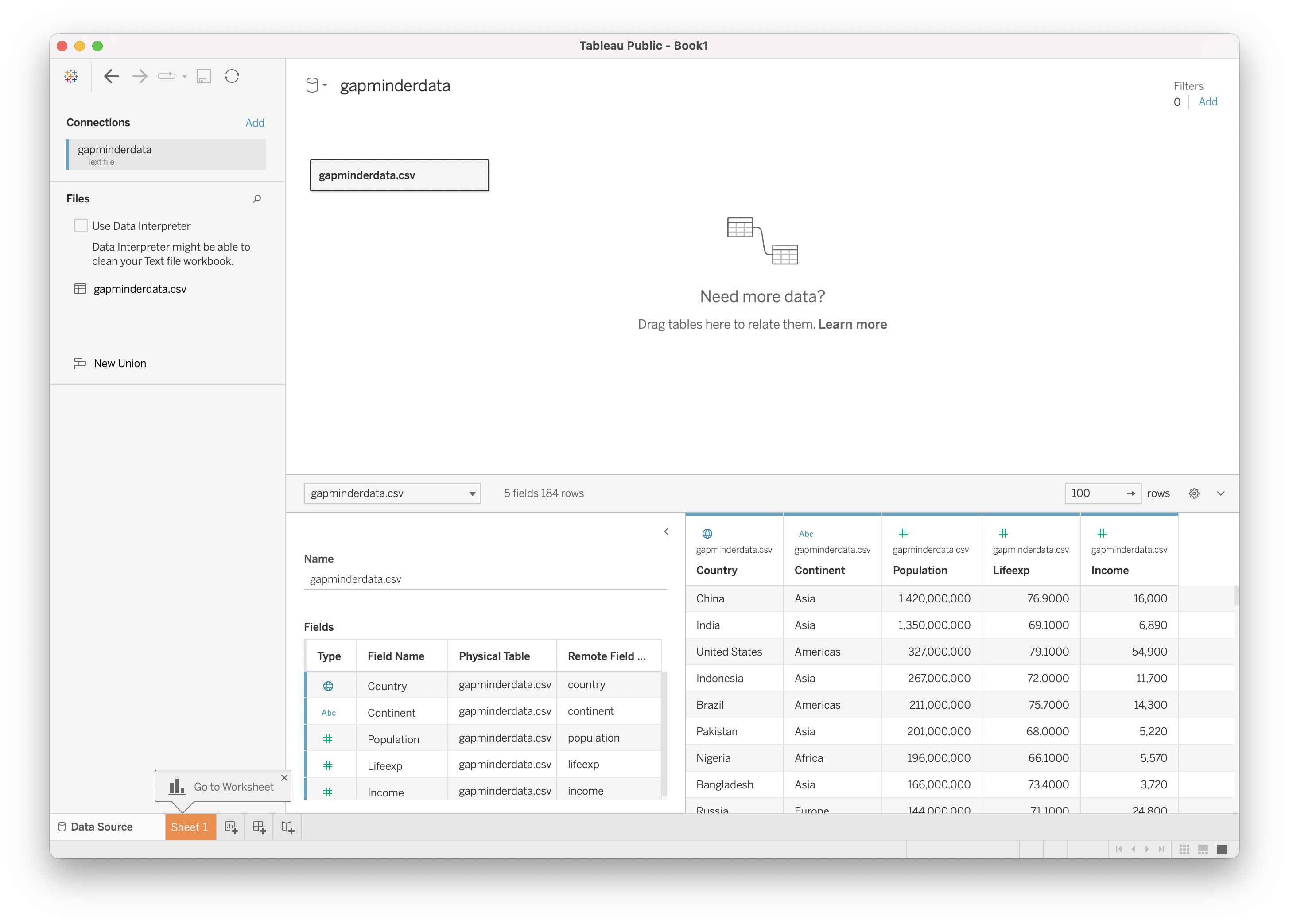 Screenshot of a Tableau window, with the gapminderdata.csv file loaded