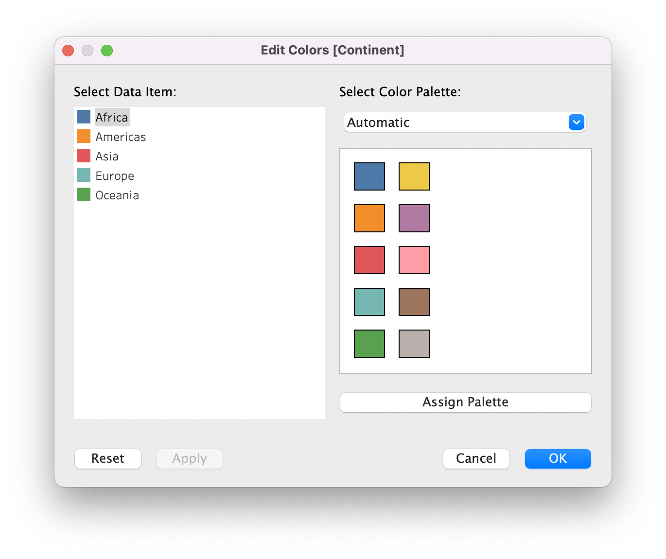 The Eidt Colors dialogue of Tableau