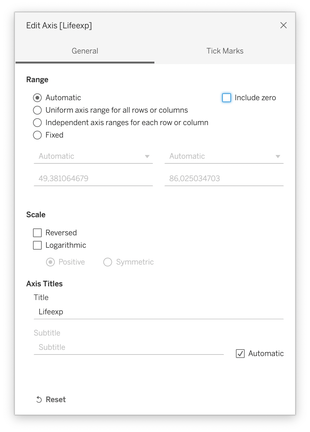 The Edit Axis dialogue of Tableau, with the General tab active