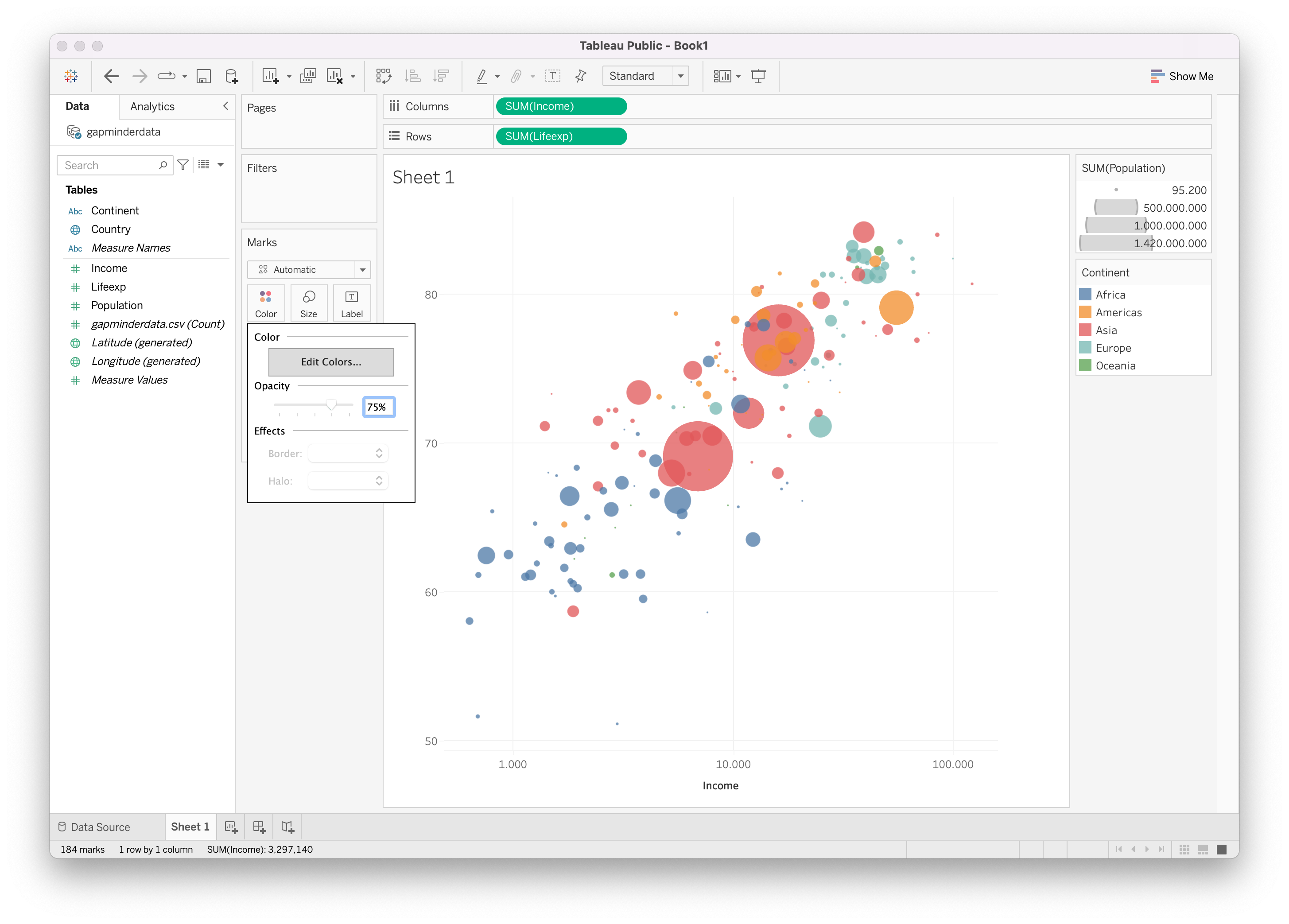 The same Tableau window as above, but with bubbles that have some transparency