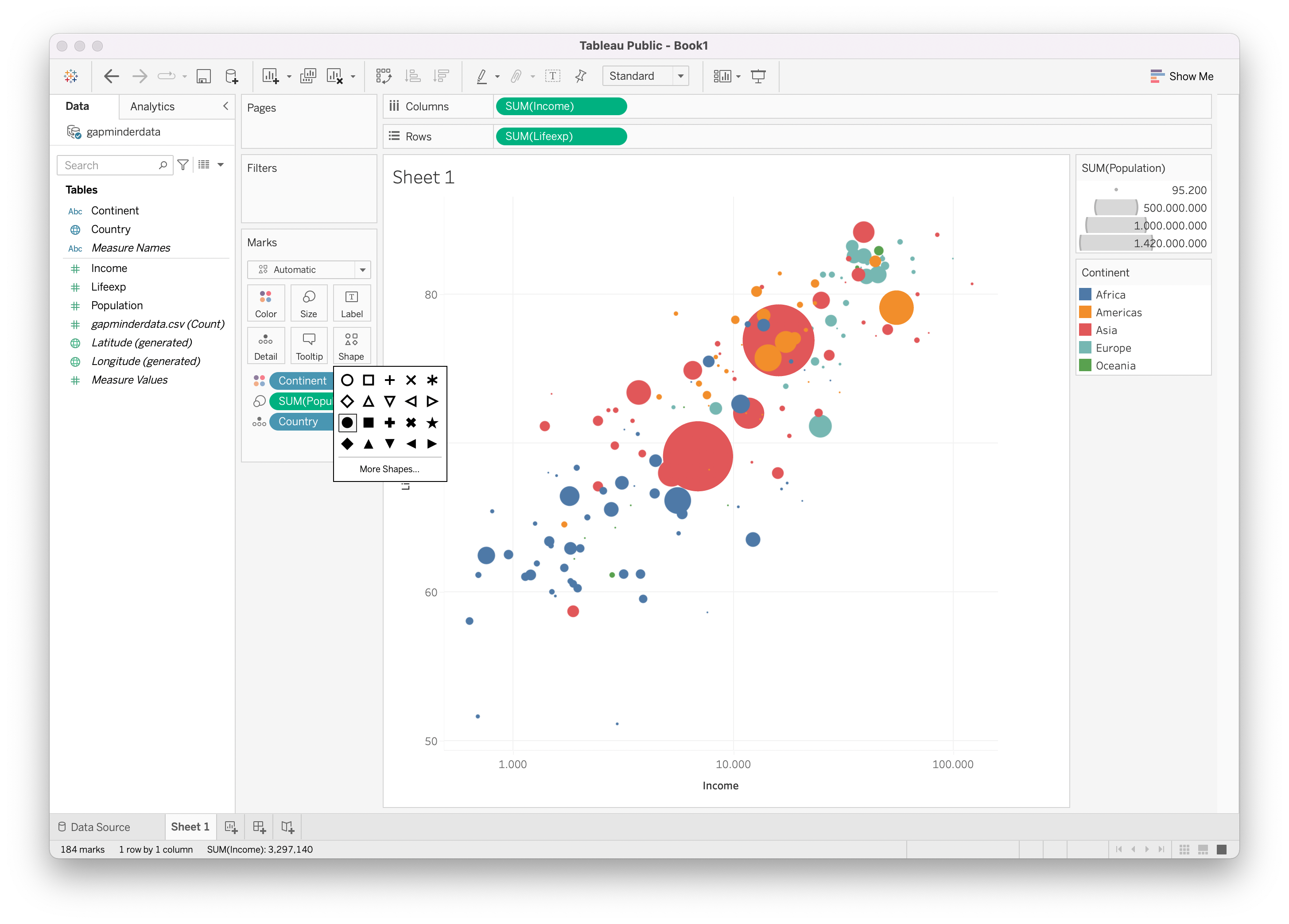 The same Tableau window as above, but now with filled bubbles