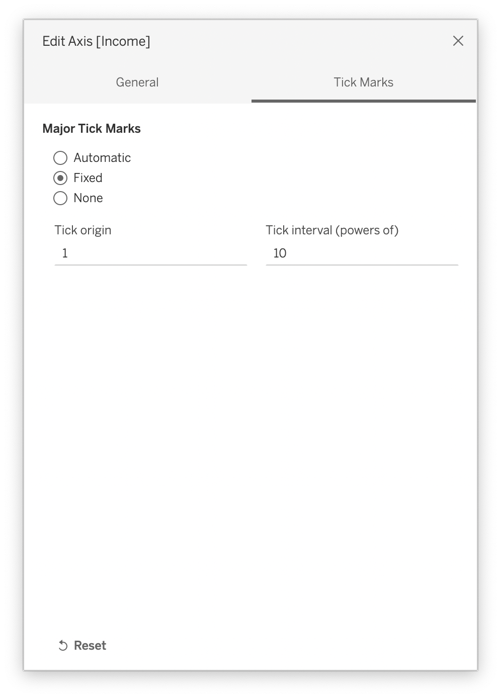 The Edit Axis dialogue of Tableau, with the Tick Marks tab active. And the Major Tick Marks Fixed option selected and the Tick interval (powers of) set to 10