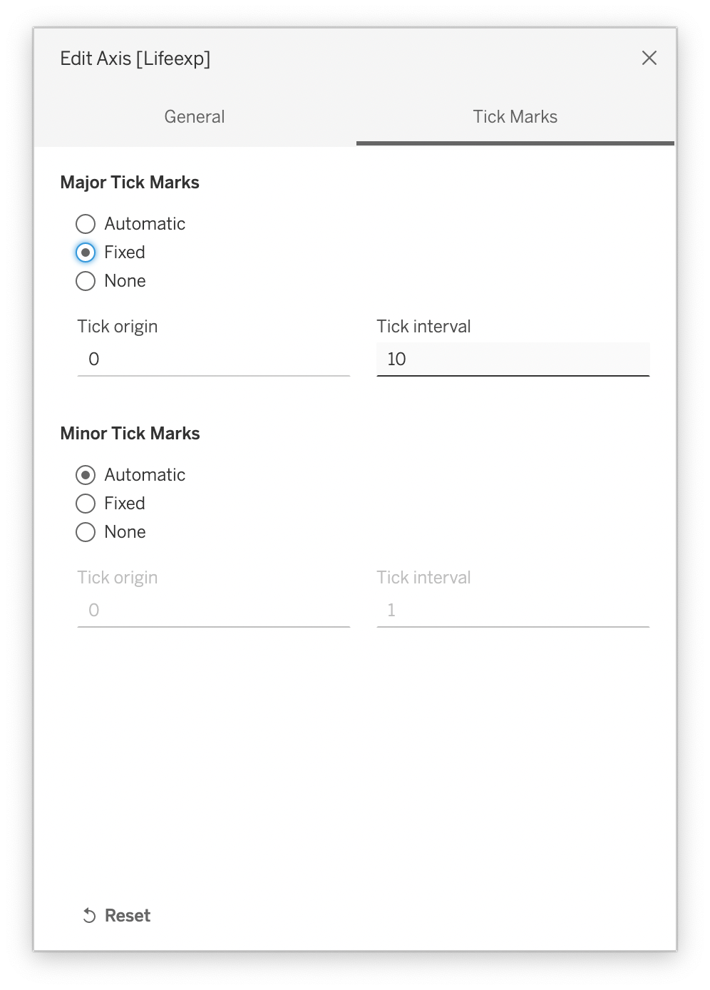 The Edit Axis dialogue of Tableau, with the Tick Marks tab active. And the Major Tick Marks Fixed option selected and the Tick interval set to 10