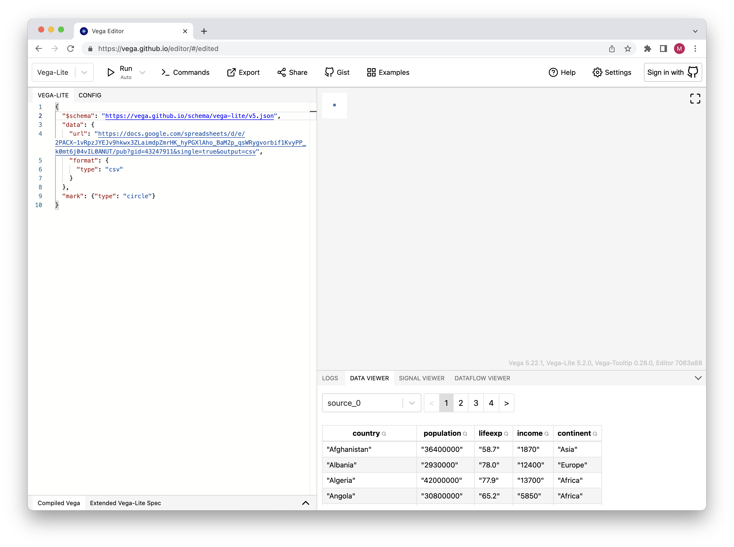 A browser window showing Vega Editor with the specification to load the data, with the data visible in the Data Viewer