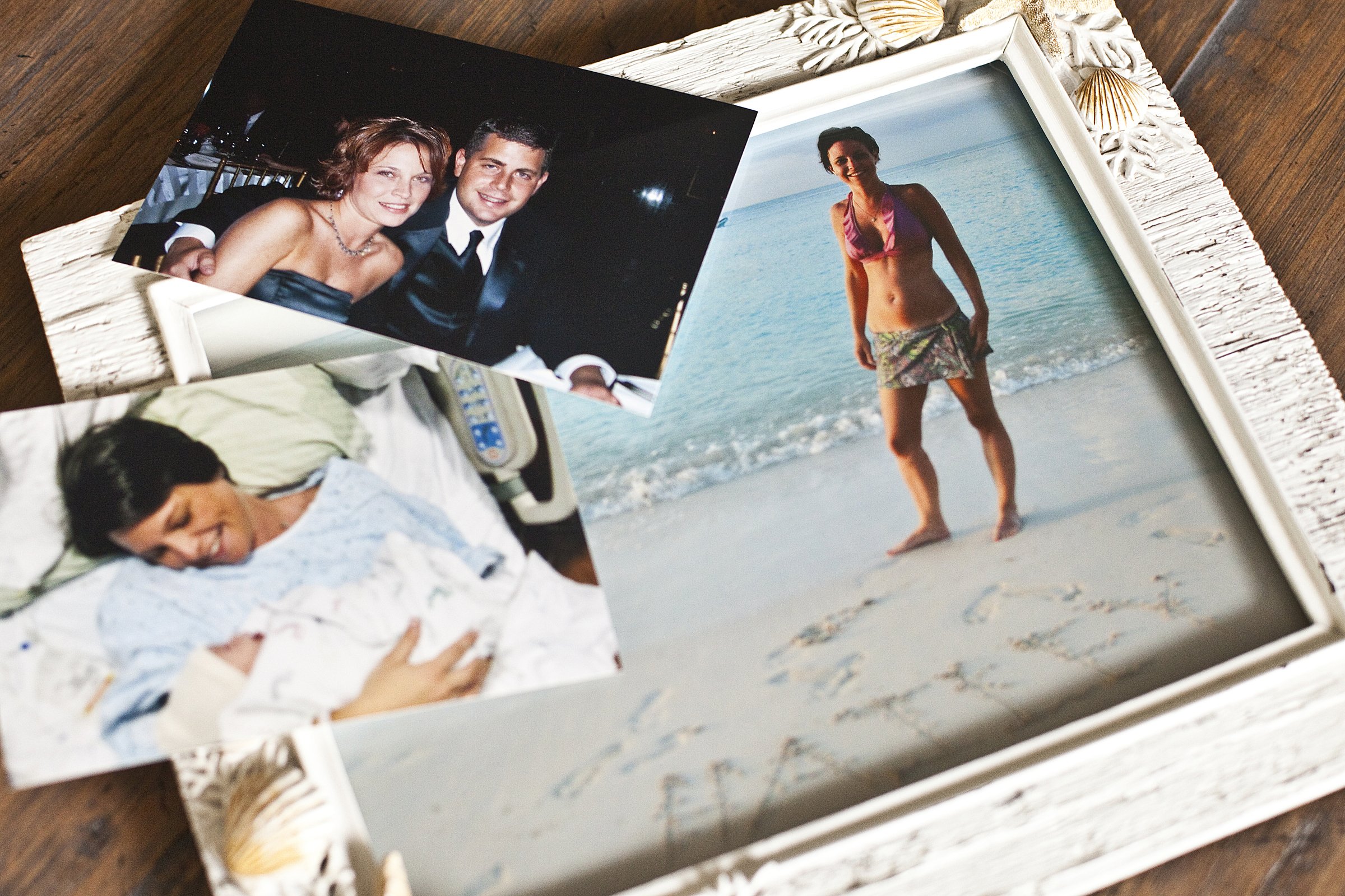 A collage of picutres of woman on the beach, with a newborn and on a party