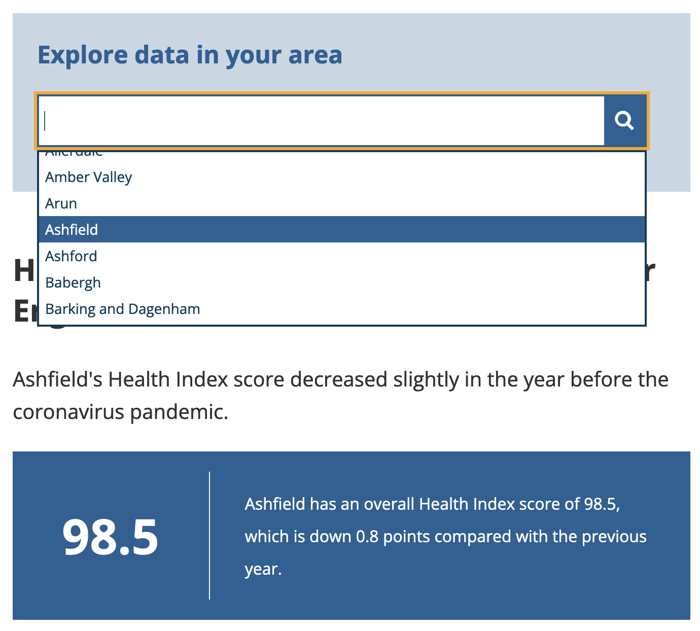 Screenshot of an interactive article with the headline 'Explore data in your area' above a big search field with dropdown