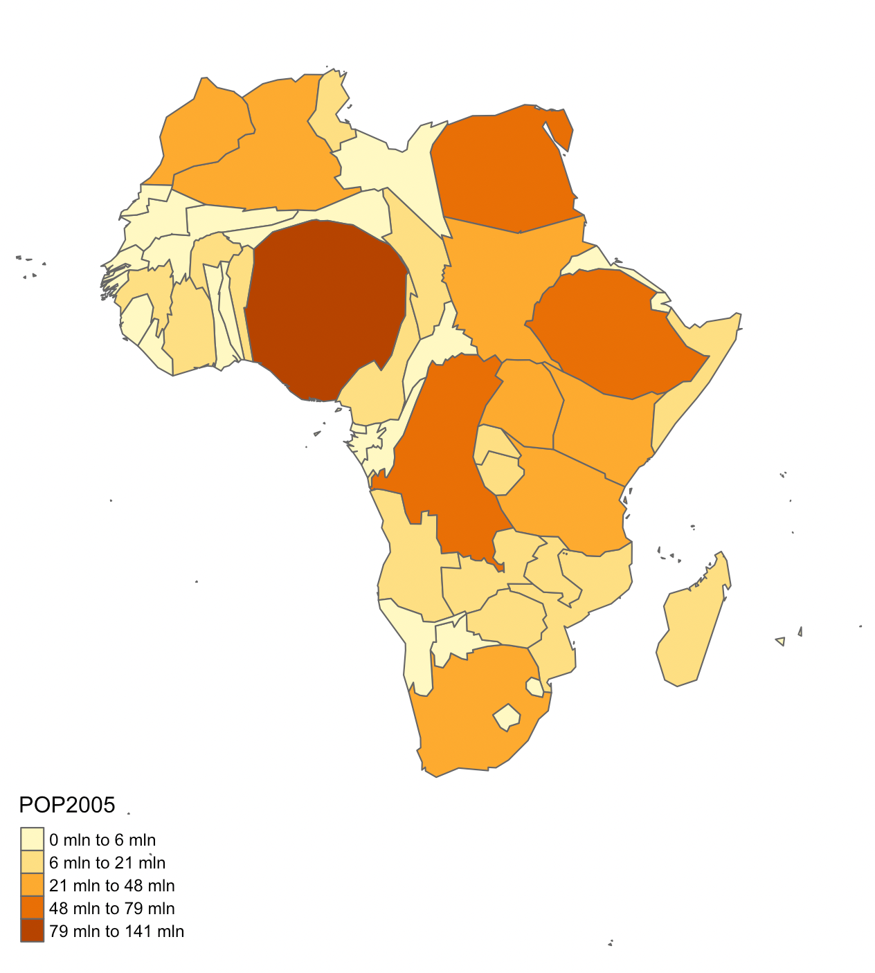 A contiguous cartogram of African countries, with their size representing their population