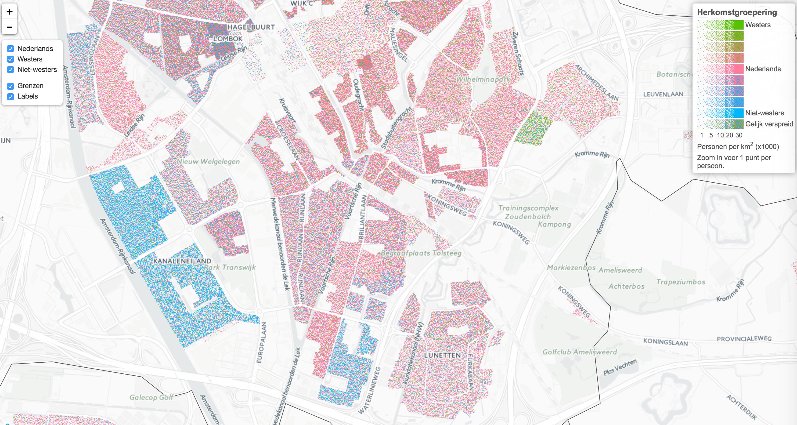 A dot map of an area in the Netherlands, with dots with colours representing the origin of inhabitants