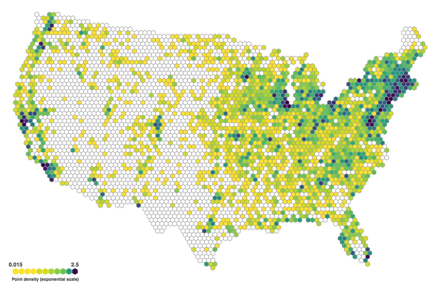 A map of the United States covered with hexagons, the colour of the hexagons shows the number of farmer markets in each hexagon