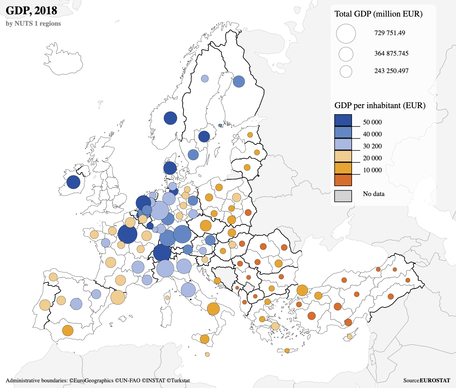 A bubble map of EU regions, with the size of the bubbles proportional to the GDP of each region, and its colour representing the GDP per inhabitant