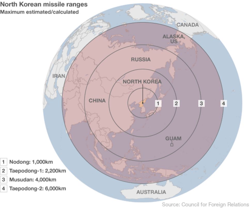 A map looking directly down on earth from space, with concentric circles around North Korea