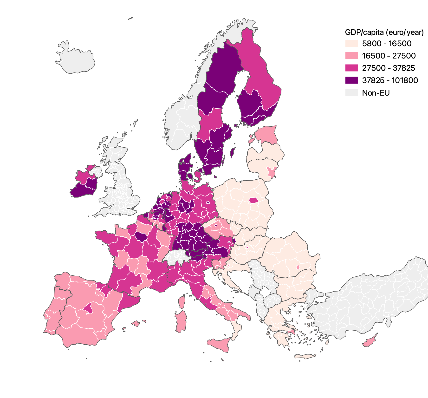 The same choropleth map as above, but with an equal count classification with only 4 classes