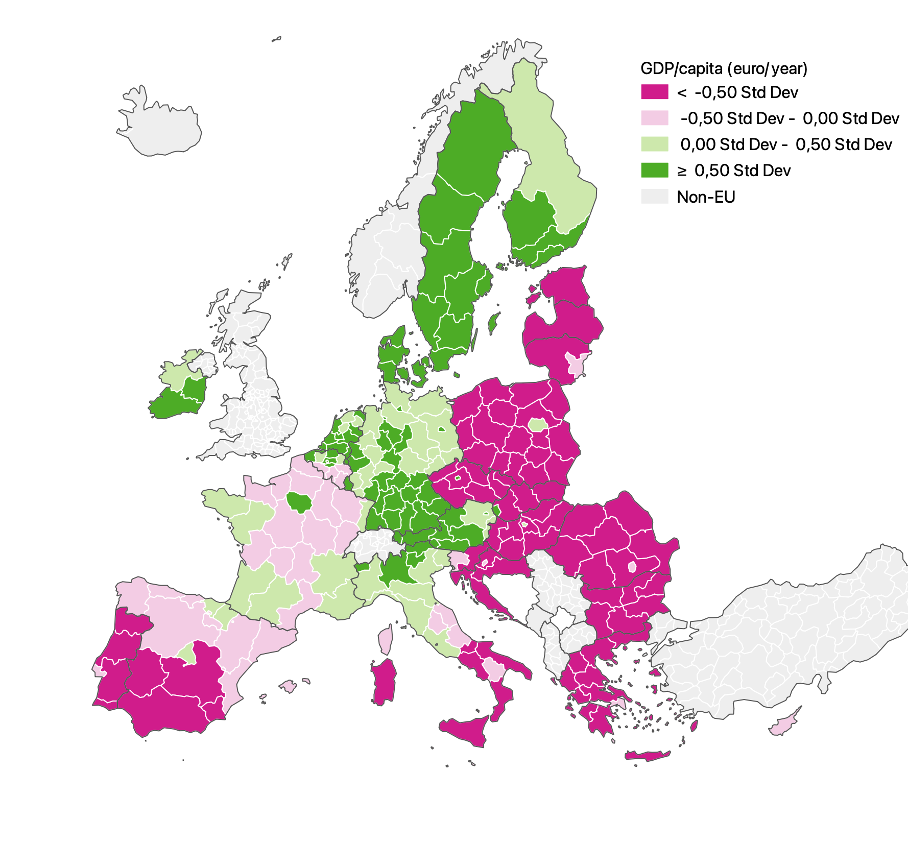 The same choropleth map as above, but with a green - purple diverging colour scheme