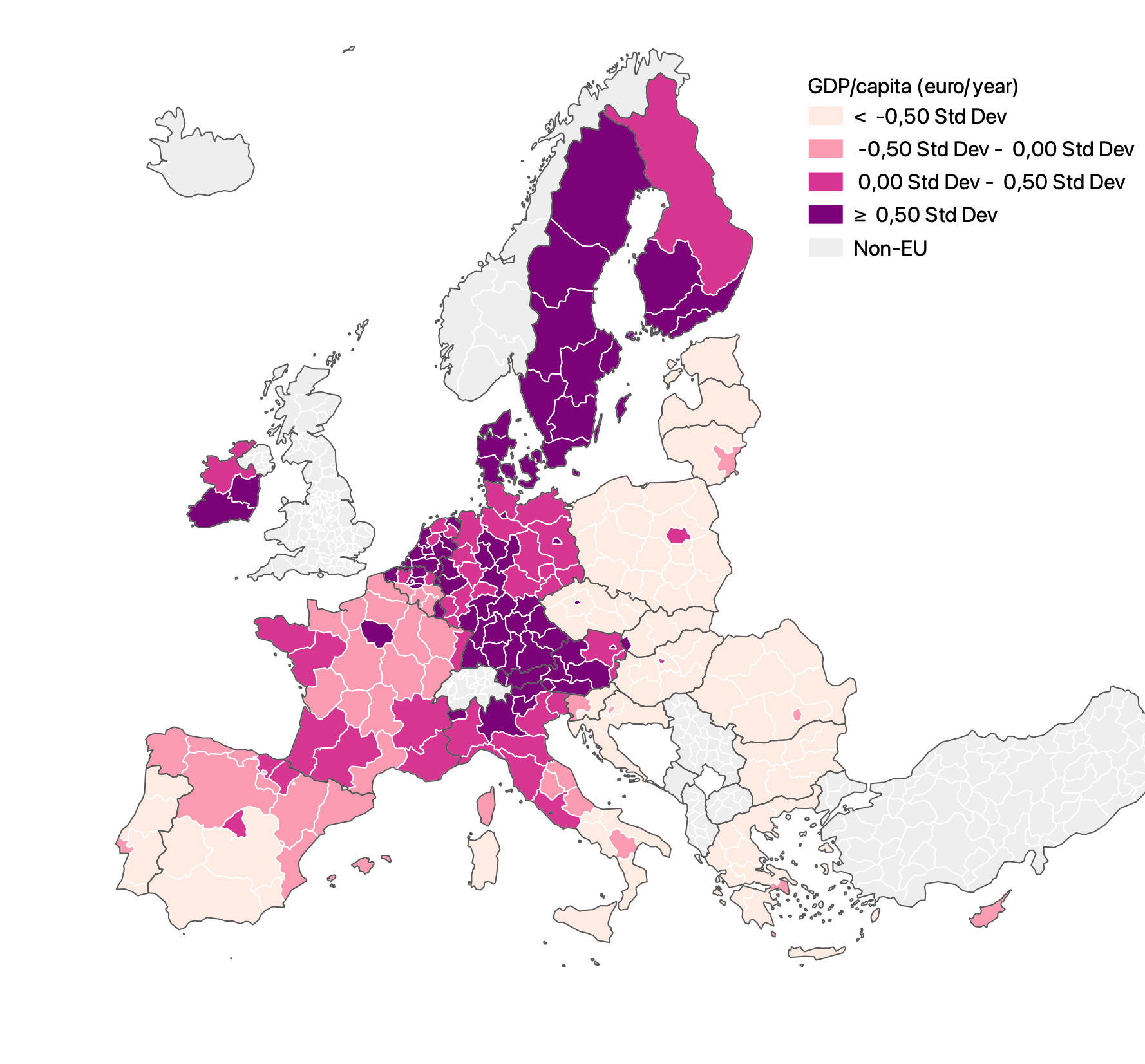 The same choropleth map as above, but with a standard deviation classification.