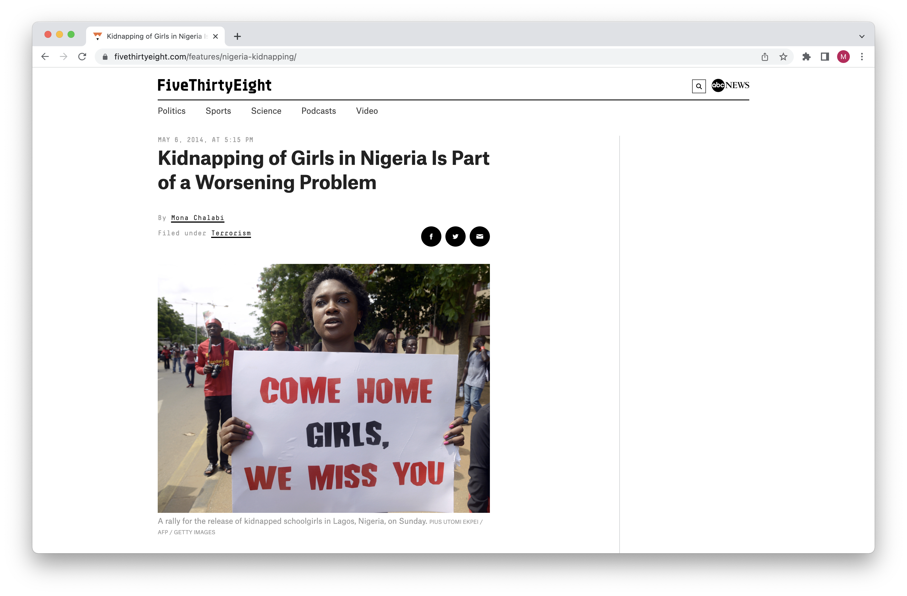 A web browser displaying the article 'Kidnapping of Girls in Nigeria Is Part of a Worsening Problem' on fivethirtyeight.com
