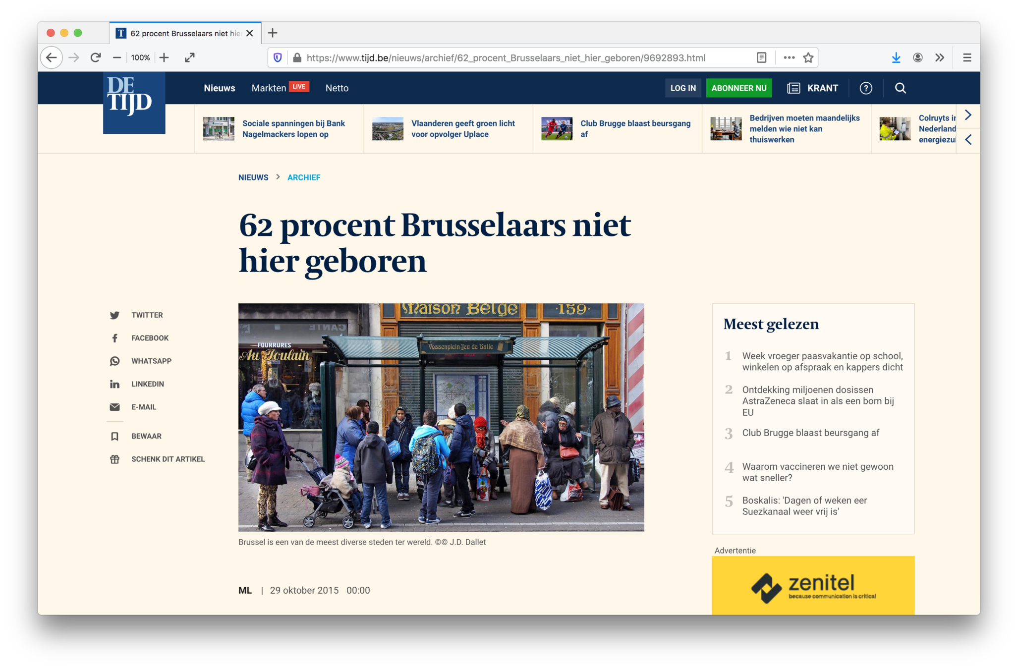 A web browser displaying an article called '62 procent Brusselaars niet hier geboren' ('62 percent of people in Brussels not born here') on the website tijd.be