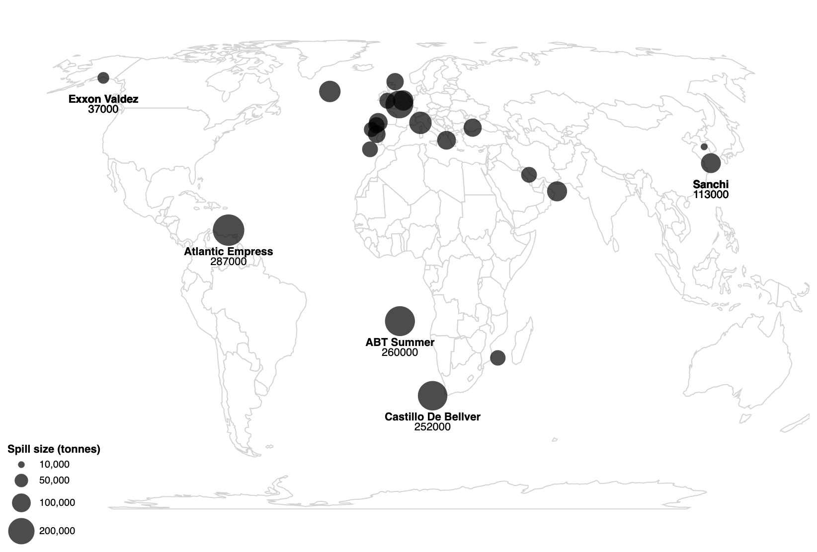 A world map with bubbles showing the biggest oil spills in the world in 2018, with 4 of the spills labelled