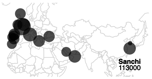 A thumbnail version of the map above, zoomed in on northern Africa, Europe and Asia. Only one oil spill is labelled