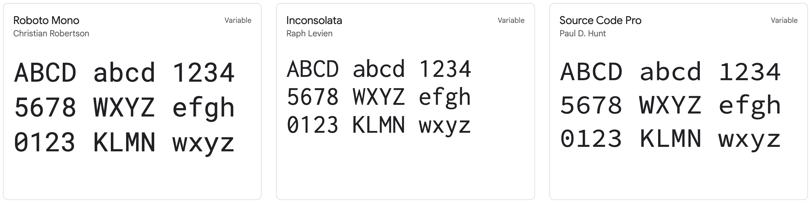 A snippet of text and numerals in the fonts Roboto Mono, Inconsolata and Source Code Pro, showing that all characters have the same witdth