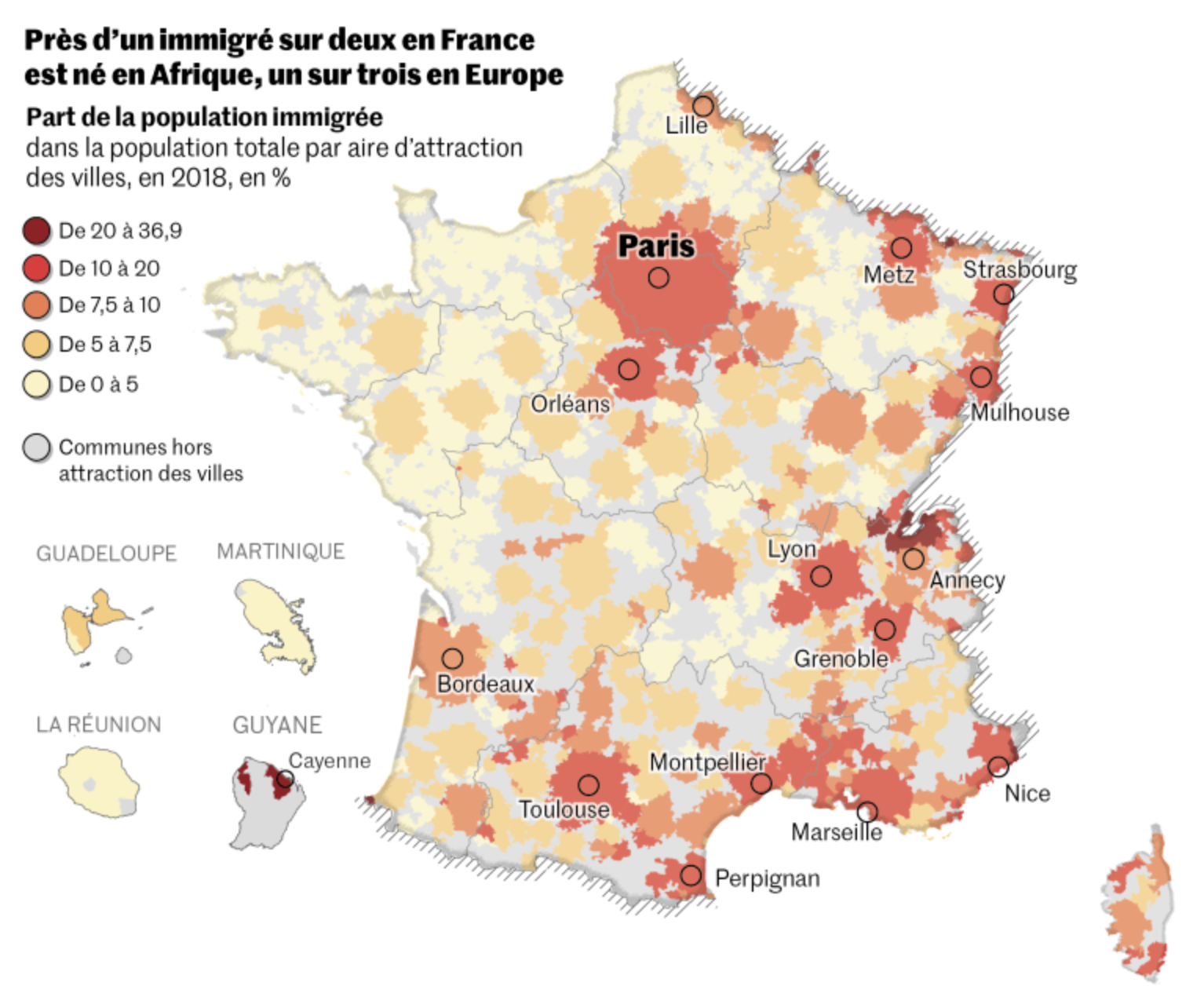 A map of France with city names having a white transparent halo