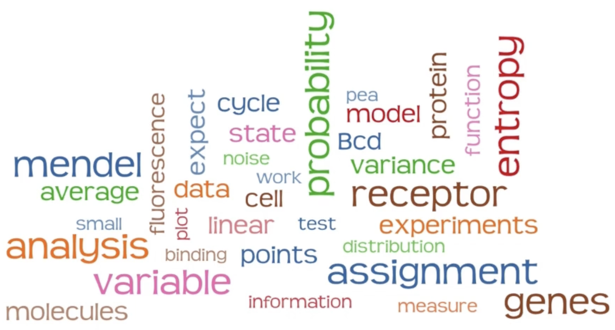 A word cloud with words in different colours. The words sharing the same colour are dispersed throughout the word cloud