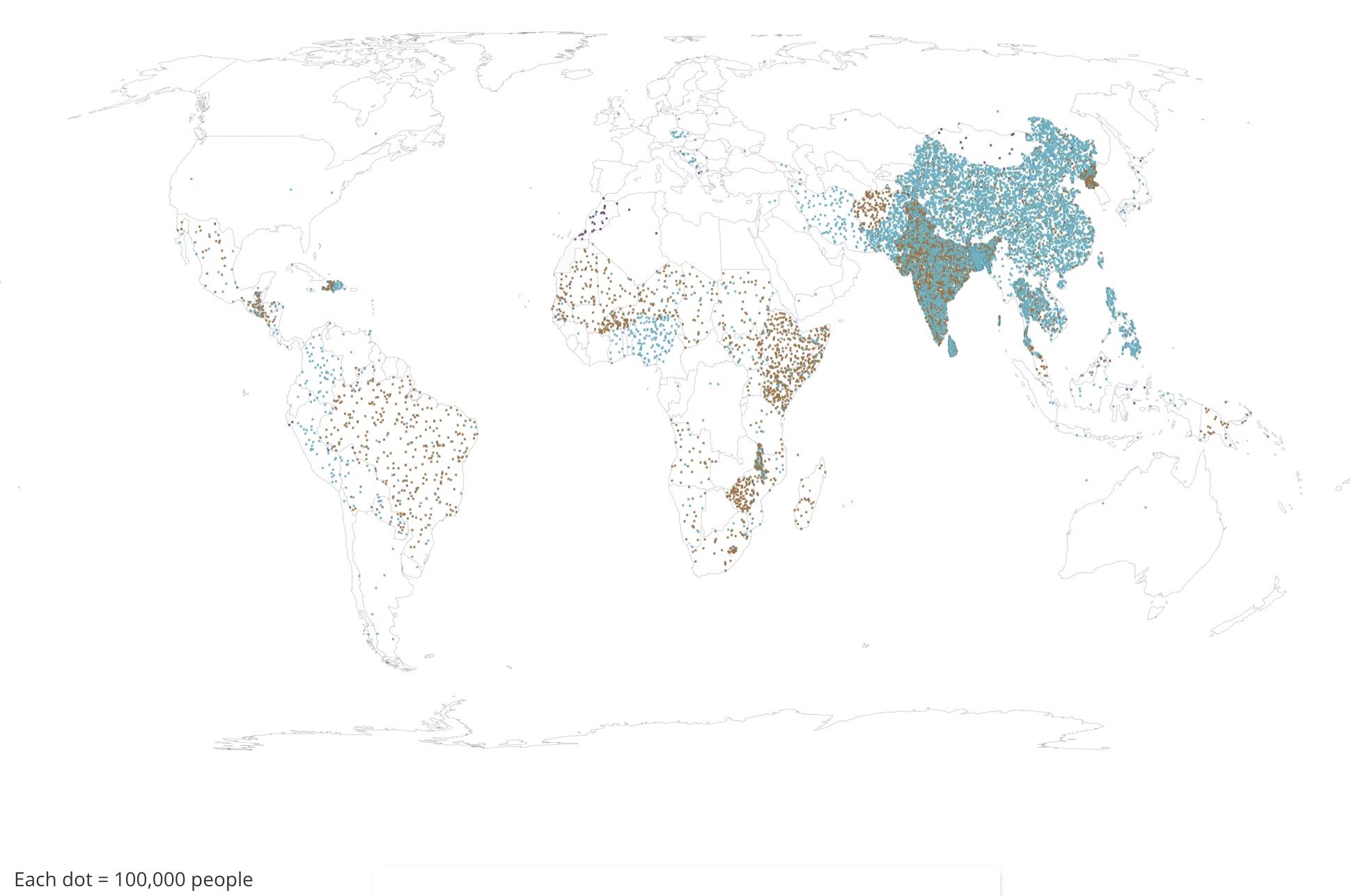 A screenshot of a map with green and brown dots scattered over the countries of the globe, with each dot representing 100.000 people