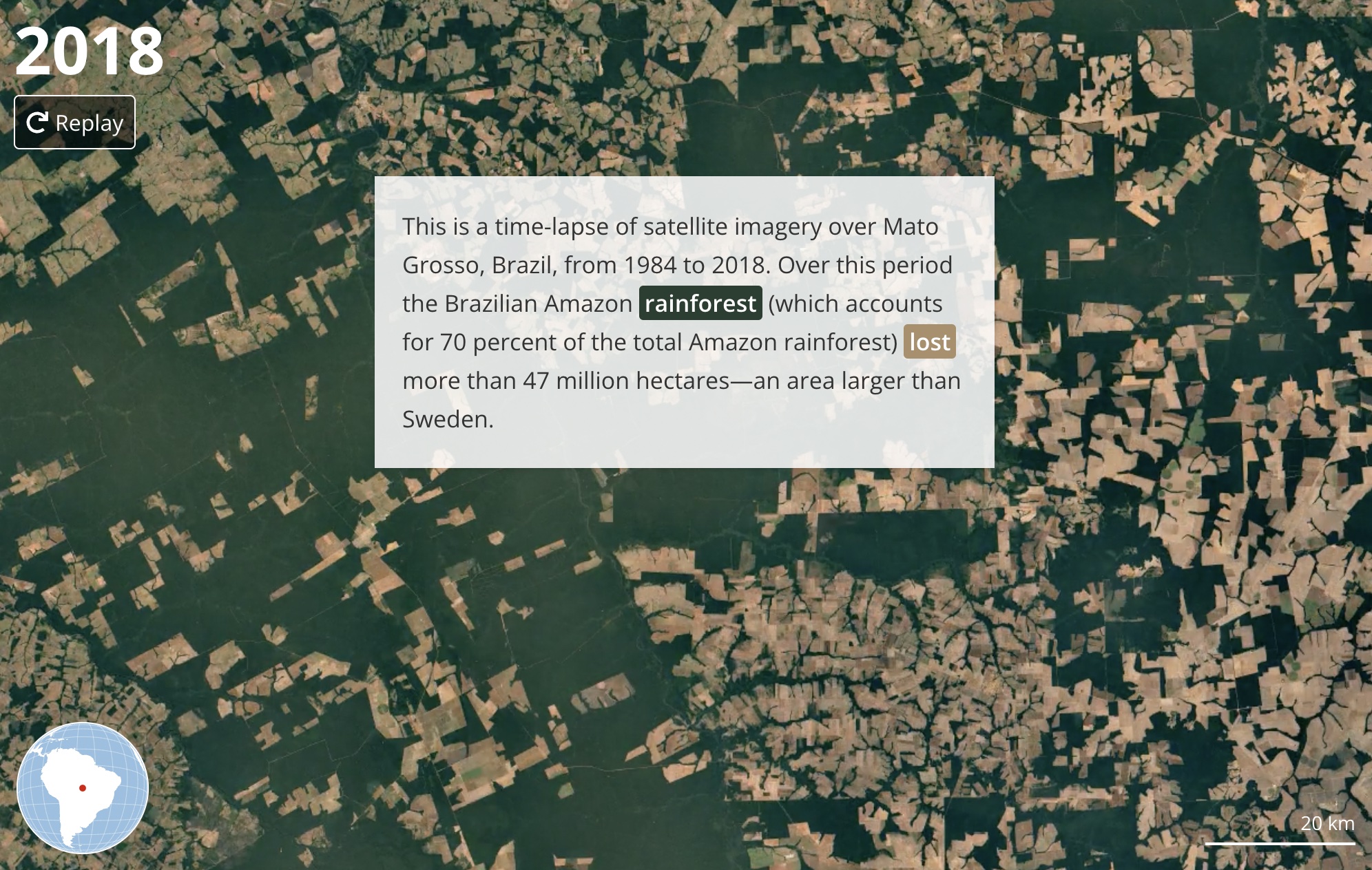 Screenshot of satellite images of an area in Brazil showing deforestation. In the top left is a Replay button