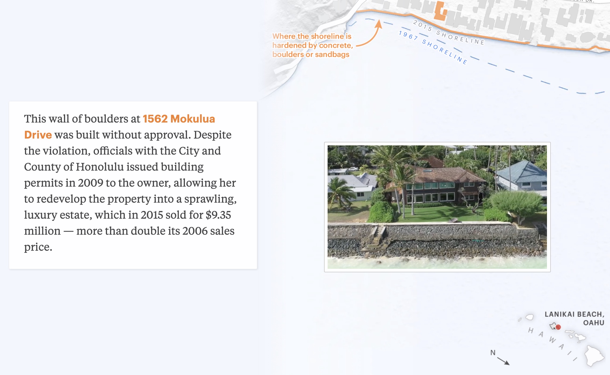 A screenshot showing a map, a snippet of text and a house close to the sea from Hawaii's Beaches Are Disappearing